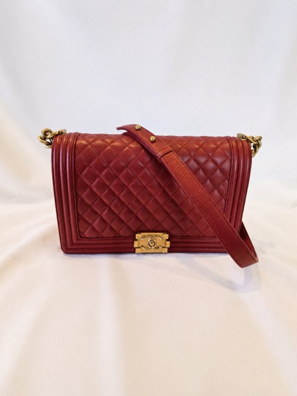 Authentic CHANEL Boy Flap Bag Large Burgundy Leather with gold hardware